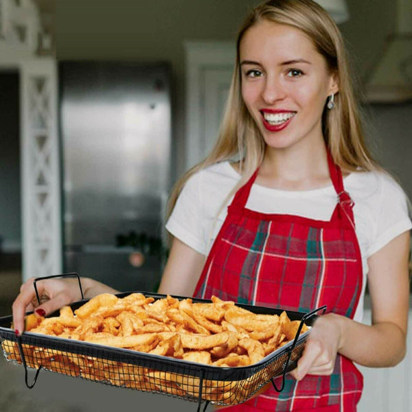 2x Oven Air Fry Chips Baking Crisper Basket Rack Non Stick Roasting Dish Veg - Lets Party