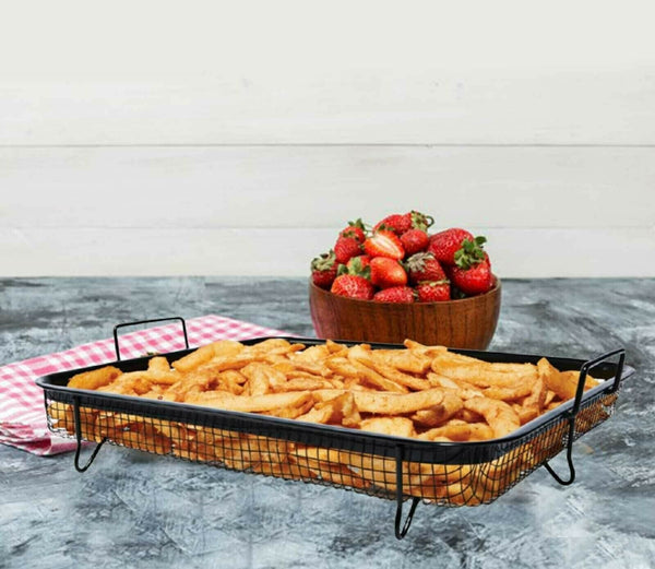 2x Oven Air Fry Chips Baking Crisper Basket Rack Non Stick Roasting Dish Veg - Lets Party