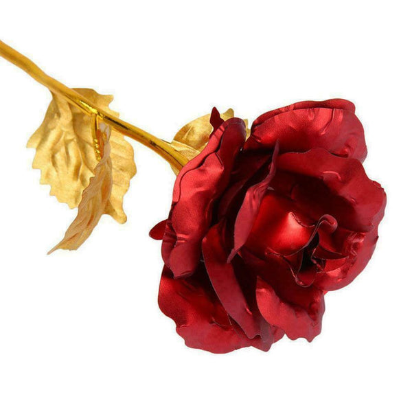 Gold Foil Plated Rose Flower 24K Dipped Decor With Stand Mothers Day Gift Red AL - Lets Party