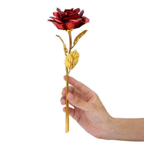 Gold Foil Plated Rose Flower 24K Dipped Decor With Stand Mothers Day Gift Red AL - Lets Party