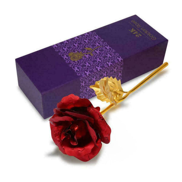 Gold Foil Plated Rose Flower 24K Dipped Decor With Stand Mothers Day Gift Red AL - Lets Party