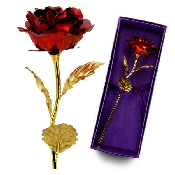 Gold Foil Plated Rose Flower 24K Dipped Decor With Stand Mothers Day Gift Red AL - Lets Party