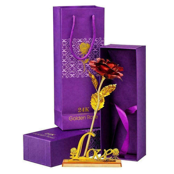 Gold Foil Plated Rose Flower 24K Dipped Decor With Stand Mothers Day Gift Red AL - Lets Party