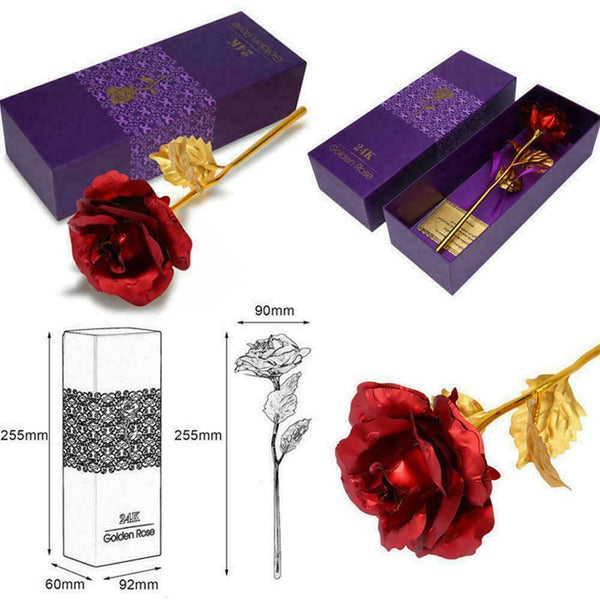 Gold Foil Plated Rose Flower 24K Dipped Decor With Stand Mothers Day Gift Red AL - Lets Party