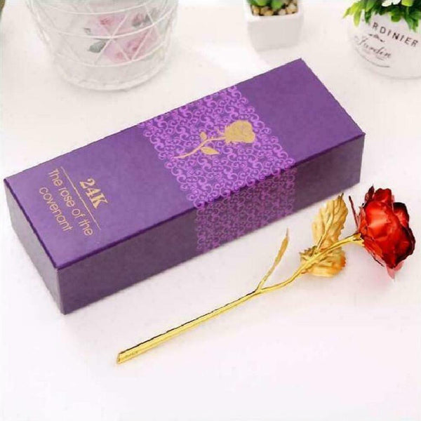 Gold Foil Plated Rose Flower 24K Dipped Decor With Stand Mothers Day Gift Red AL - Lets Party