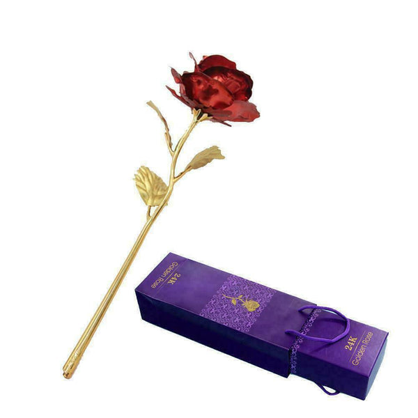 Gold Foil Plated Rose Flower 24K Dipped Decor With Stand Mothers Day Gift Red AL - Lets Party