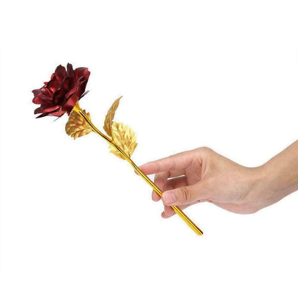 Gold Foil Plated Rose Flower 24K Dipped Decor With Stand Mothers Day Gift Red AL - Lets Party