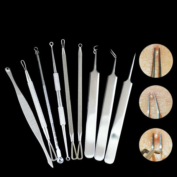 9 pcs Set Kit Blackhead Whitehead Acne Pimple Popper Extractor Remover Tools - Lets Party