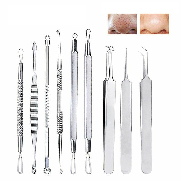 9 pcs Set Kit Blackhead Whitehead Acne Pimple Popper Extractor Remover Tools - Lets Party