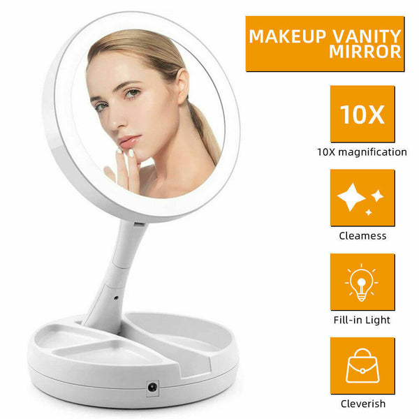 10x Double Side Makeup Mirror Magnifying Folding Beauty with Led Light Bathroom - Lets Party