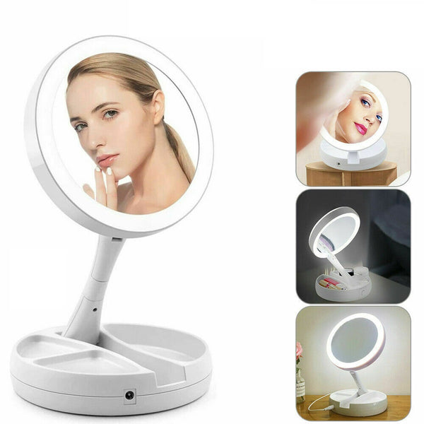 10x Double Side Makeup Mirror Magnifying Folding Beauty with Led Light Bathroom - Lets Party