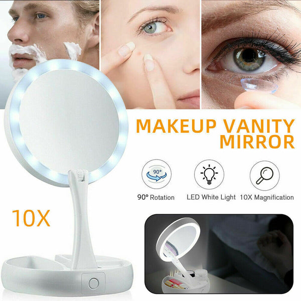 10x Double Side Makeup Mirror Magnifying Folding Beauty with Led Light Bathroom - Lets Party