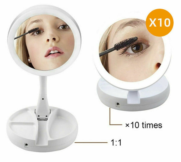 10x Double Side Makeup Mirror Magnifying Folding Beauty with Led Light Bathroom - Lets Party