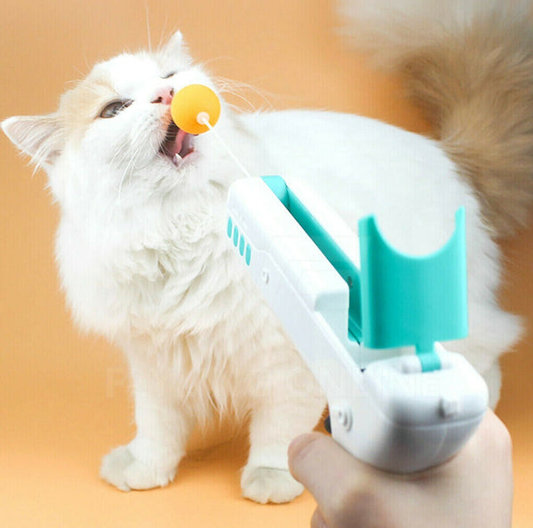 Cat Toy Pet Play Feather Teaser Automatic Interactive Gun Rebound Ball Wand Fun - Lets Party