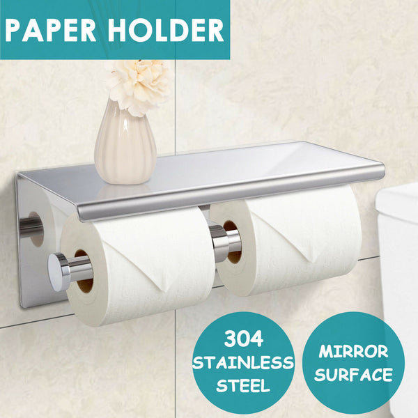 Paper Holder Double Roll Toilet 304 Stainless Steel Strong Hook Bathroom Kitchen - Lets Party