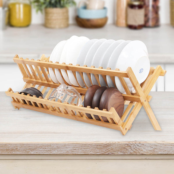 Dish Rack Bamboo Foldable Drainer Drying Dish Holder Plate Utensil Cultery Tray - Lets Party