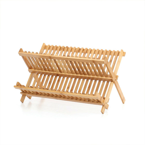 Dish Rack Bamboo Foldable Drainer Drying Dish Holder Plate Utensil Cultery Tray - Lets Party