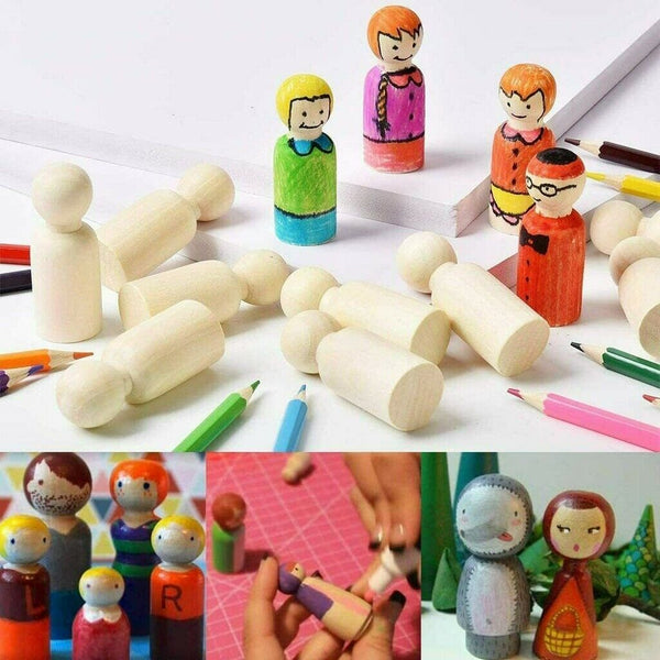 50Pcs Unfinished Wood Dolls Kids Toys Wooden Peg Little People Arts Craft Painte - Lets Party