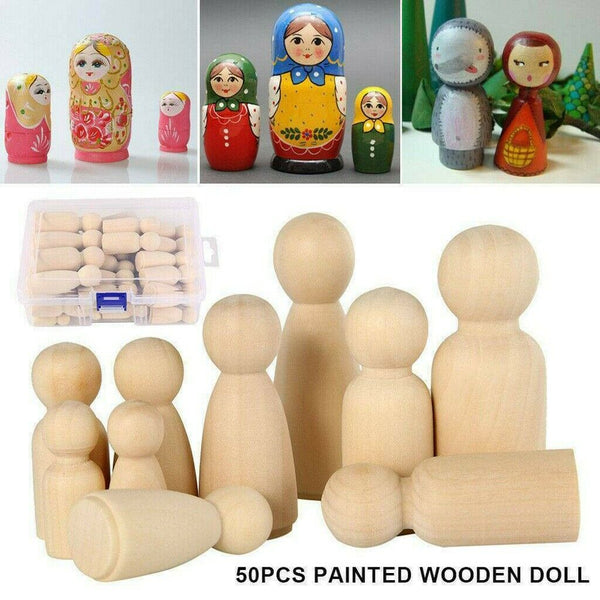 50Pcs Unfinished Wood Dolls Kids Toys Wooden Peg Little People Arts Craft Painte - Lets Party