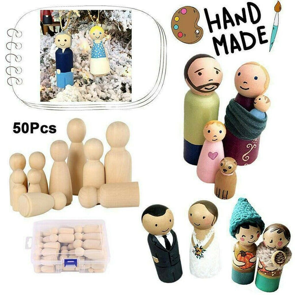 50Pcs Unfinished Wood Dolls Kids Toys Wooden Peg Little People Arts Craft Painte - Lets Party