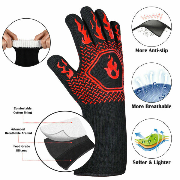 2x Heat Proof Resistant Oven BBQ Gloves 35cm Kitchen Cooking Silicone Mitt - Lets Party