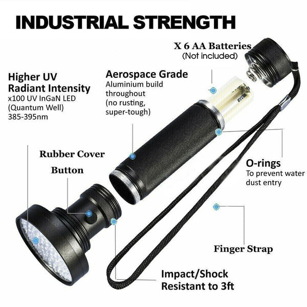 100 LED UV Flashlight Torch Light Lamp Ultraviolet Blacklight Aluminum 395 nM - Lets Party