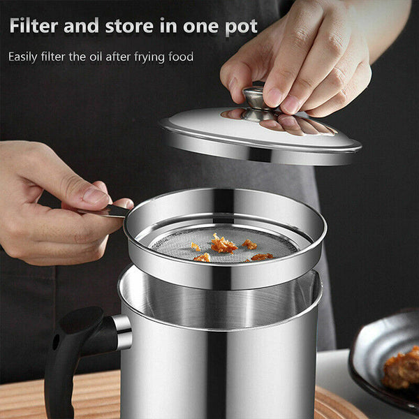 Stainless Steel Oil Strainer Pot Grease Container Storage Can Filter Kitchen AU - Lets Party