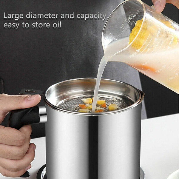 Stainless Steel Oil Strainer Pot Grease Container Storage Can Filter Kitchen AU - Lets Party