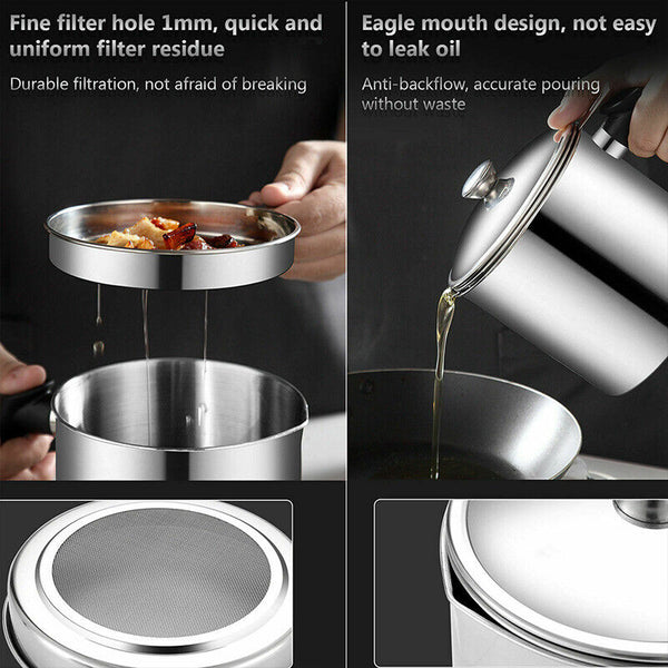 Stainless Steel Oil Strainer Pot Grease Container Storage Can Filter Kitchen AU - Lets Party