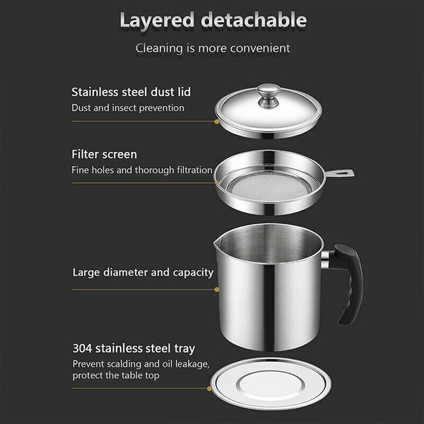 Stainless Steel Oil Strainer Pot Grease Container Storage Can Filter Kitchen AU - Lets Party