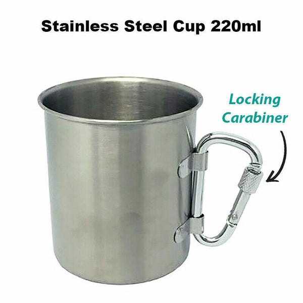 220ML Single Wall Heavy-Duty Stainless Steel Cup w/ Locking Carabiner - Lets Party