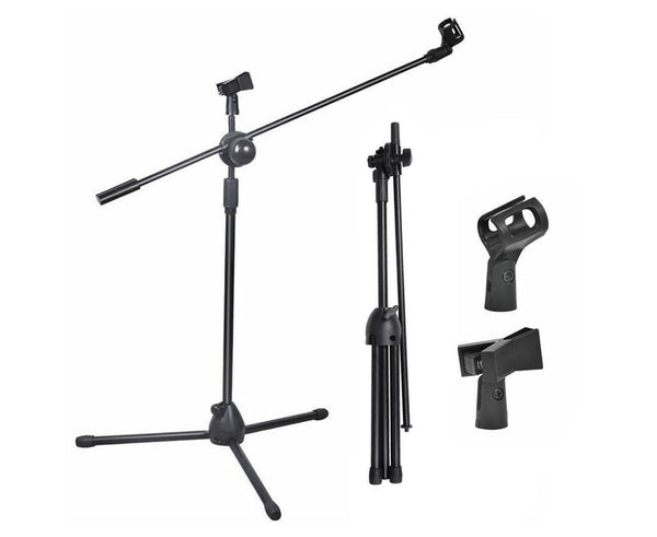 Foldable Microphone Stand Adjustable Mic Holder Tripod Two Clip Boom Fast Post - Lets Party