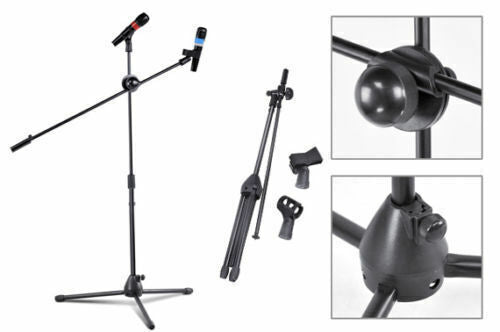 Foldable Microphone Stand Adjustable Mic Holder Tripod Two Clip Boom Fast Post - Lets Party