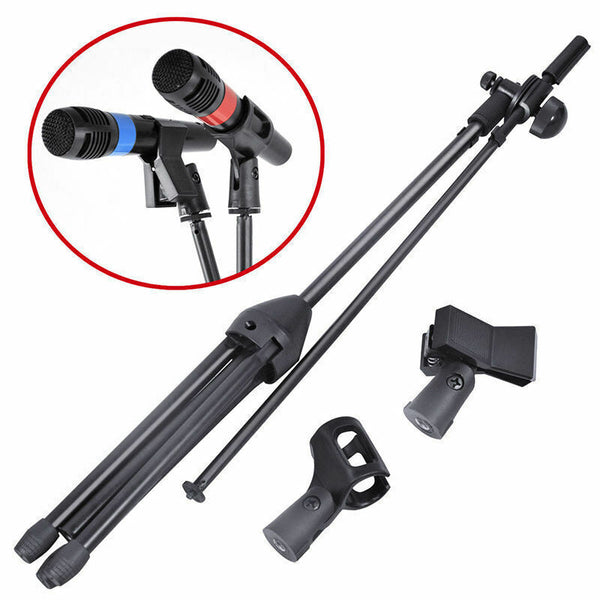 Foldable Microphone Stand Adjustable Mic Holder Tripod Two Clip Boom Fast Post - Lets Party