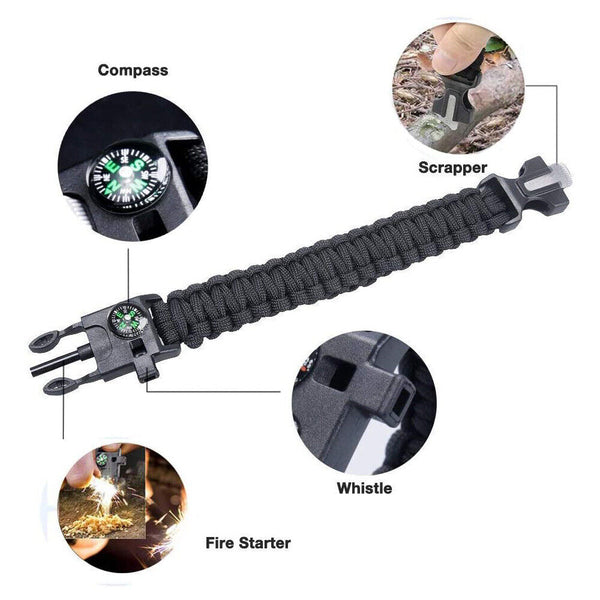 Survival Bracelet Compass Fire Camping Whistle Hiking Army Gear paracord - Lets Party