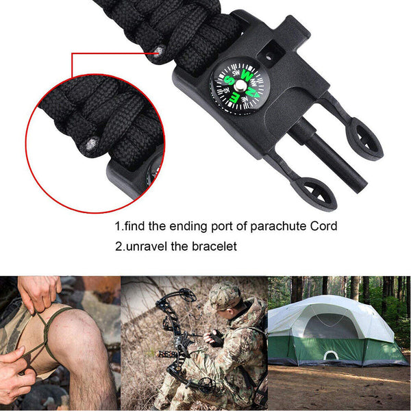 Survival Bracelet Compass Fire Camping Whistle Hiking Army Gear paracord - Lets Party