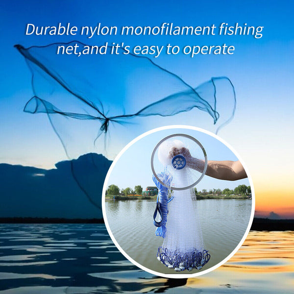 12ft Fishing Cast Net Quick Throw Mesh Nylon Drawstring Chain Bottom Spread - Lets Party