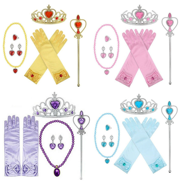5Pcs Belle Rapunzel Elsa Snow White Costume Accessory Tiara Necklace Wand Glove - Lets Party