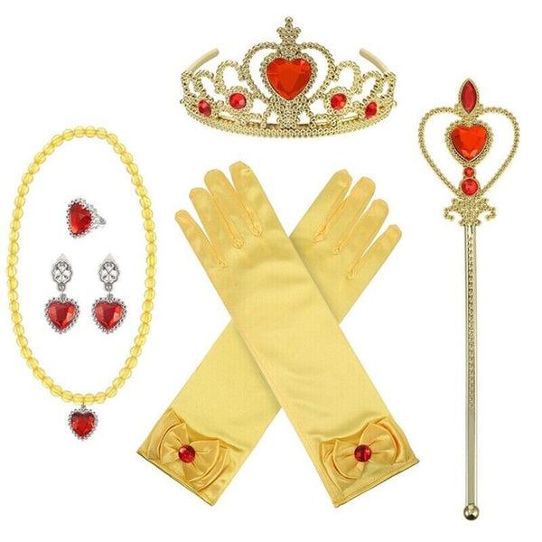 5Pcs Belle Rapunzel Elsa Snow White Costume Accessory Tiara Necklace Wand Glove - Lets Party