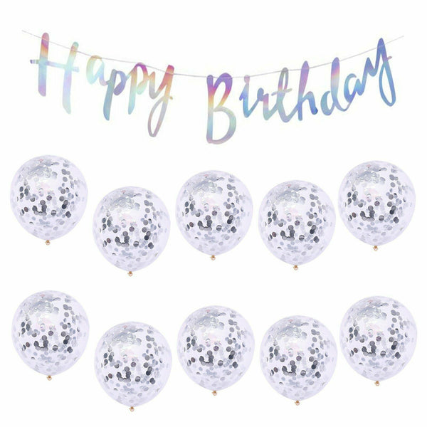 Silver Pearl Happy Birthday Banner 30cm Clear Confetti Sequins Latex Balloons Party - Lets Party