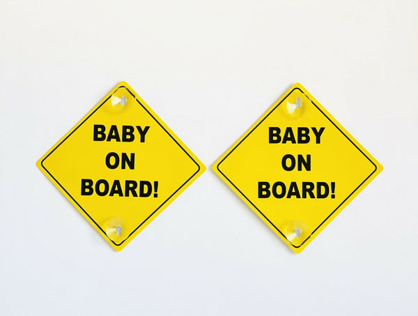 2 x Baby on Board Car Sign Safety Suction Cups Yellow Plastic Pair Vehicle - Lets Party