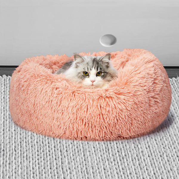 Pet Bed Cat Dog Donut Nest Calming Kennel Cave Deep Sleeping Pink S - Lets Party