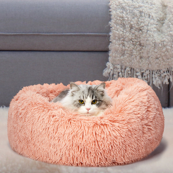 Pet Bed Cat Dog Donut Nest Calming Kennel Cave Deep Sleeping Pink S - Lets Party