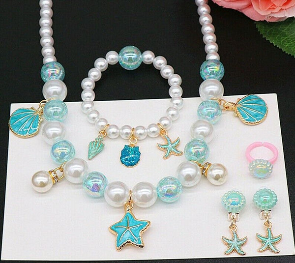 5PCS Girls Starfish Necklace Bracelet Set Kids Children Birthday Festival Gift