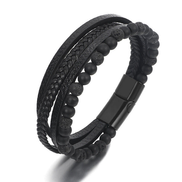 Mens Leather Braided Surfer Wristband Bracelet Tiger Eyes Beaded Bangle Gift