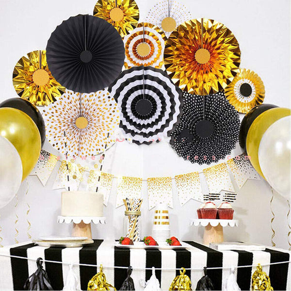 8PCS Paper Fans Party Decorations Bridal Shower Birthday Decorations Black Gold
