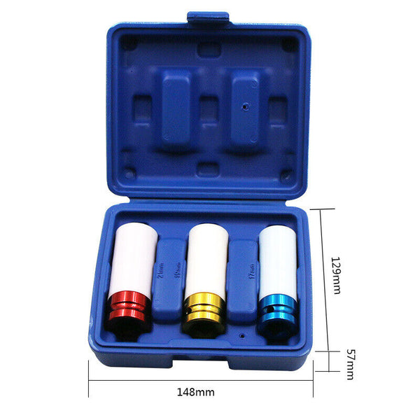 3pc Alloy Wheel Deep Impact Nut Socket Set 17, 19, 21mm 1/2'' with Nylon Sleeve