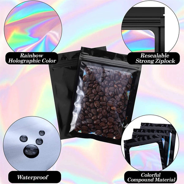 100PCS Mylar Pouch Lock Food Storage Foil Bags Smell Proof Bags Heat Seal Black