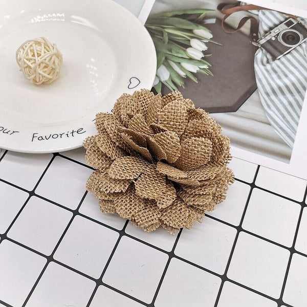 5Pcs Flowers DIY Hessian Jute Burlap Retro Wedding Decoration Pearl Rose Head AU