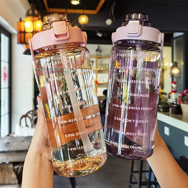 2L Water Bottle Straw Cup Motivational Drink Flask With Time Markings Sports Gym